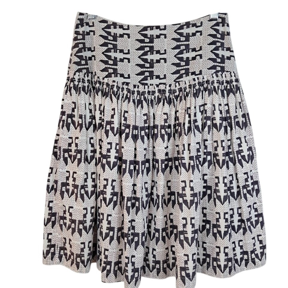 LAYLA S Full Gathered Drop Waist Skirt Aztec Print Knee Length 100% Cotton‎ Boho
